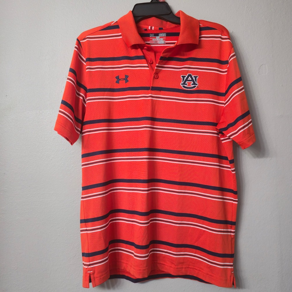 Under Armour Auburn Tigers Polo Shirt Mens Medium Orange Striped HeatGear Loose